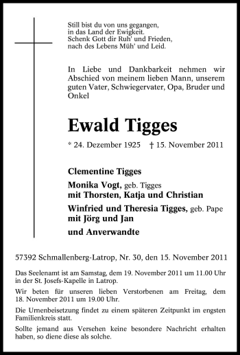 Traueranzeige von Ewald Tigges von Tageszeitung
