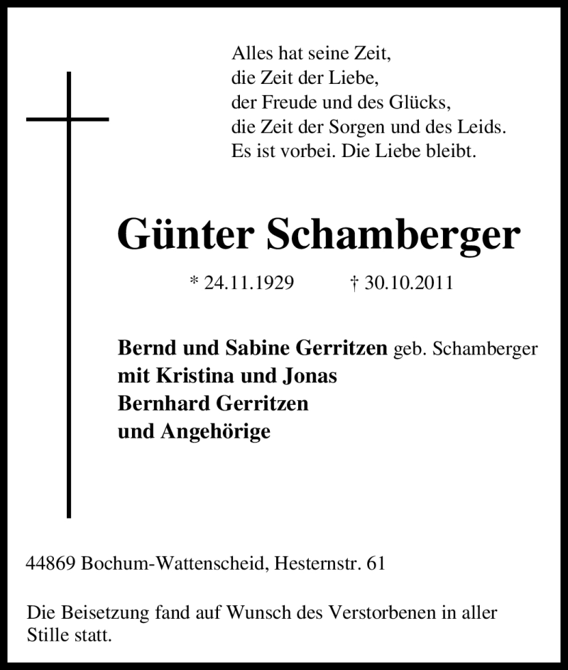  Traueranzeige für Günter Schamberger vom 05.11.2011 aus Tageszeitung
