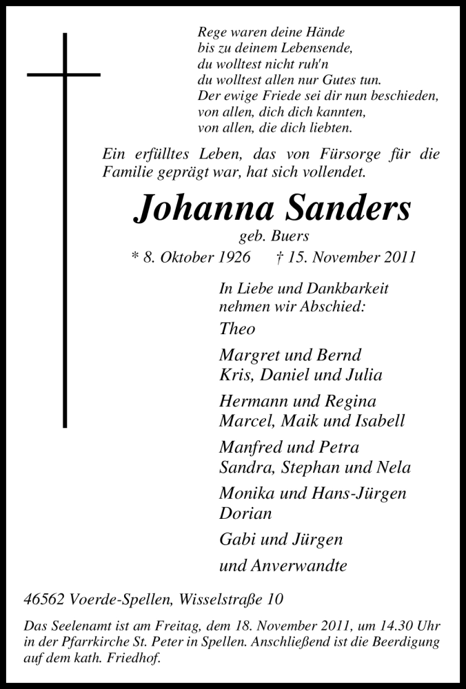  Traueranzeige für Johanna Sanders vom 17.11.2011 aus Tageszeitung