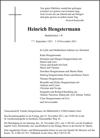 Traueranzeige von Heinrich Hengstermann von Tageszeitung