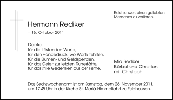 Traueranzeige von Hermann Rediker von Tageszeitung