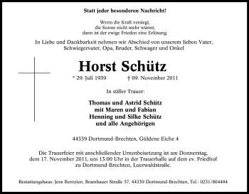 Traueranzeige von Horst Schütz von Tageszeitung