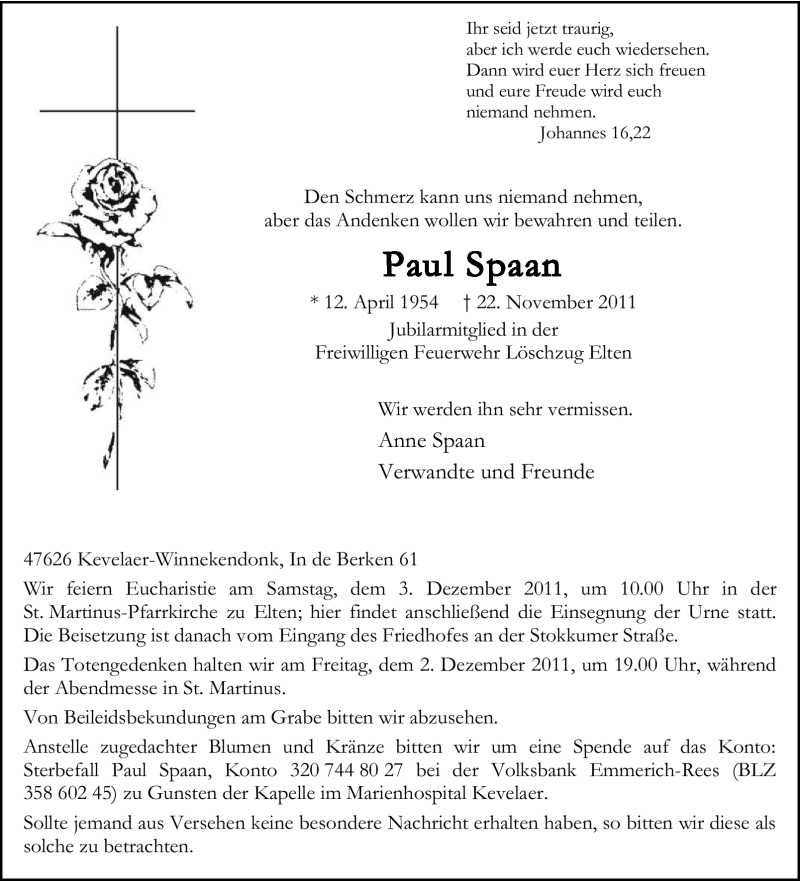  Traueranzeige für Paul Spaan vom 30.11.2011 aus Tageszeitung
