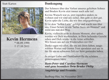 Traueranzeige von Kevin Hermens von Tageszeitung
