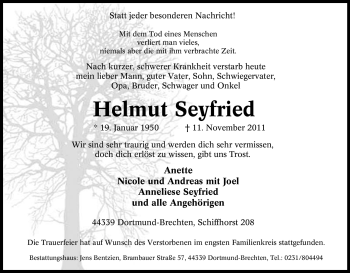 Traueranzeige von Helmut Seyfried von Tageszeitung