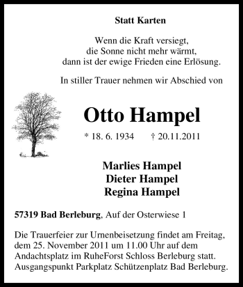 Traueranzeigen von Otto Hampel TrauerinNRW.de