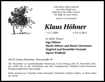 Traueranzeige von Klaus Höhner von Tageszeitung