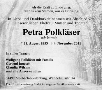 Traueranzeige von Petra Polkläser von Tageszeitung