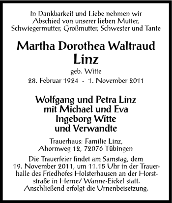 Traueranzeige von Martha Dorothea Waltraud Linz von Tageszeitung