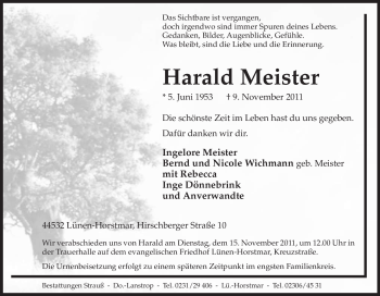 Traueranzeige von Harald Meister von Tageszeitung