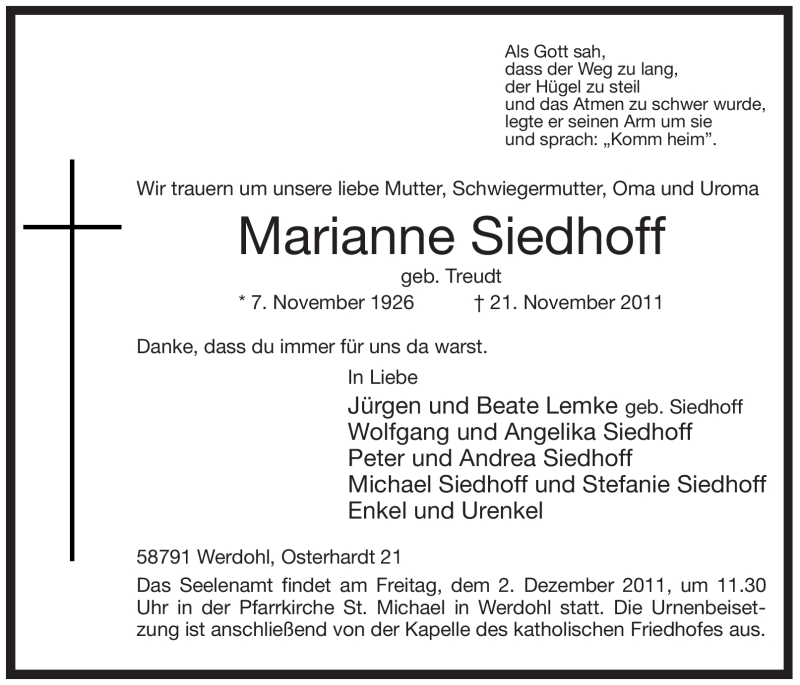  Traueranzeige für Marianne Siedhoff vom 26.11.2011 aus Tageszeitung