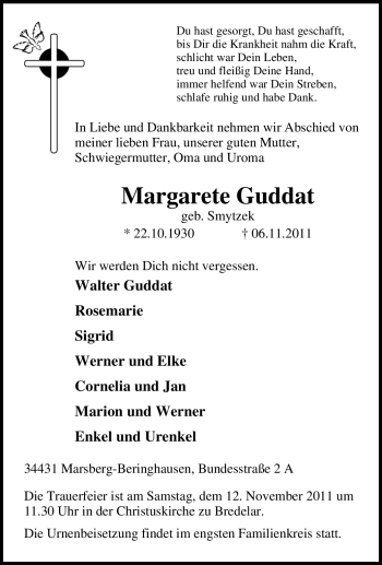 Traueranzeige von Margarete Guddat von Tageszeitung