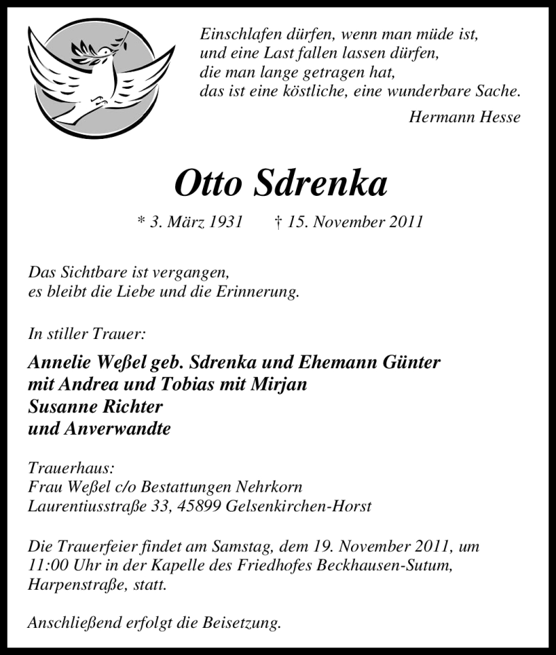  Traueranzeige für Otto Sdrenka vom 17.11.2011 aus Tageszeitung