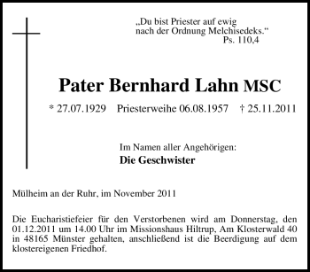 Traueranzeige von Bernhard Lahn MSC von Tageszeitung
