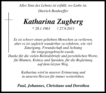Traueranzeige von Katharina Zugberg von Tageszeitung
