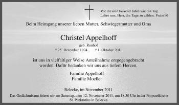 Traueranzeige von Christel Appelhoff von Tageszeitung