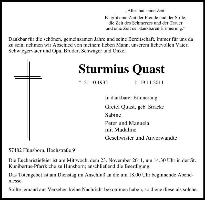 Traueranzeige für Sturmius Quast vom 21.11.2011 aus Tageszeitung