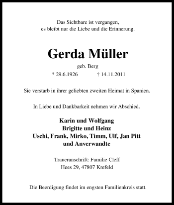 Traueranzeige von Gerda Müller von Tageszeitung