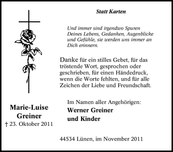 Traueranzeige von Marie-Luise Greiner von Tageszeitung