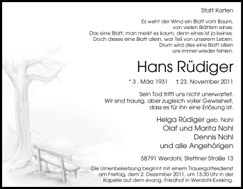 Traueranzeige von Hans Rüdiger von Tageszeitung