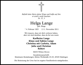 Traueranzeige von Helga Lange von Tageszeitung
