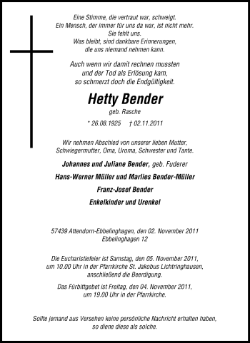 Traueranzeige von Hetty Bender von Tageszeitung
