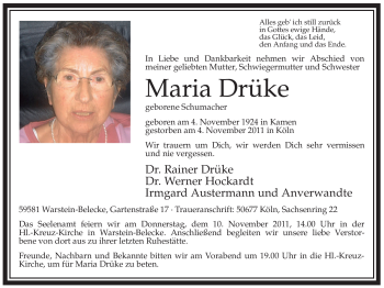 Traueranzeige von Maria Drüke von Tageszeitung