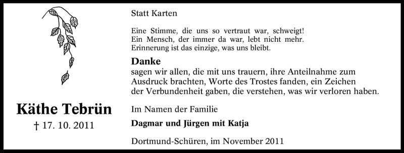  Traueranzeige für Käthe Tebrün vom 19.11.2011 aus Tageszeitung