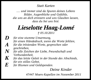 Traueranzeige von Lieselotte Haag-Lom von Tageszeitung