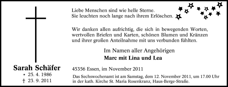  Traueranzeige für Sarah Schäfer vom 10.11.2011 aus Tageszeitung