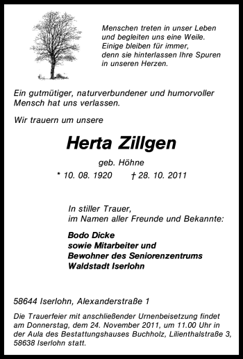 Traueranzeige von Herta Zillgen von Tageszeitung