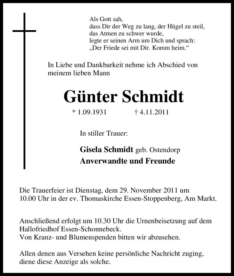  Traueranzeige für Günter Schmidt vom 23.11.2011 aus Tageszeitung