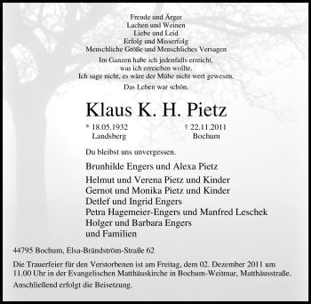 Traueranzeige von Klaus K. H. Pietz von Tageszeitung