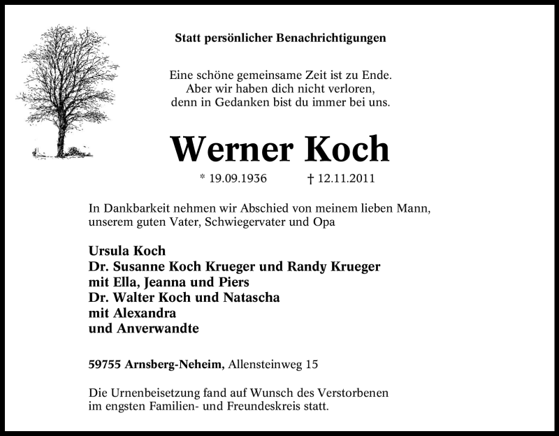  Traueranzeige für Werner Koch vom 23.11.2011 aus Tageszeitung