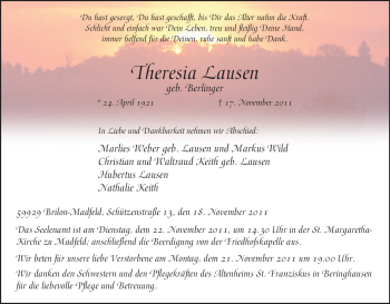 Traueranzeige von Theresia Lausen von Tageszeitung