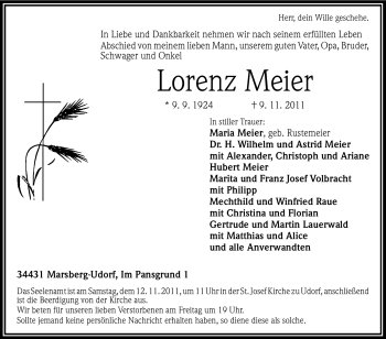 Traueranzeige von Lorenz Meier von Tageszeitung