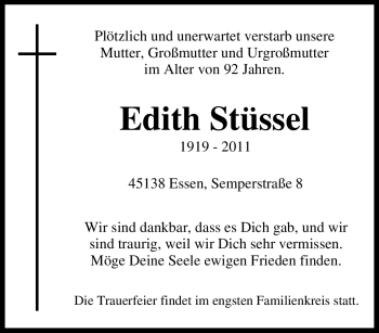 Traueranzeige von Edith Stüssel von Tageszeitung