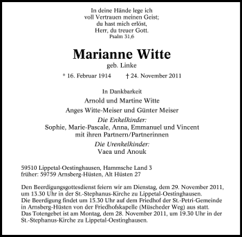 Traueranzeige von Marianne Witte von Tageszeitung