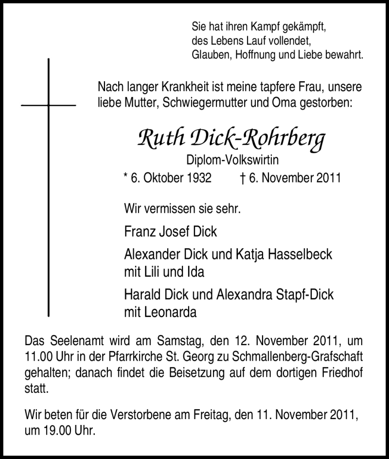  Traueranzeige für Ruth Dick-Rohrberg vom 10.11.2011 aus Tageszeitung