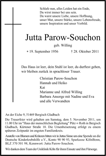 Traueranzeige von Jutta Parow-Souchon von Tageszeitung