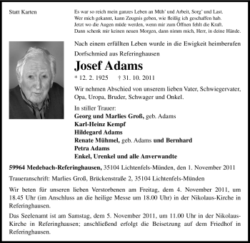Traueranzeige von Josef Adams von Tageszeitung