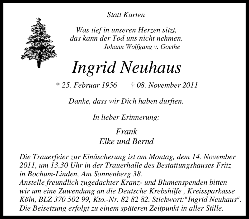  Traueranzeige für Ingrid Neuhaus vom 11.11.2011 aus Tageszeitung