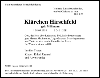 Traueranzeige von Klärchen Hirschfeld von Tageszeitung