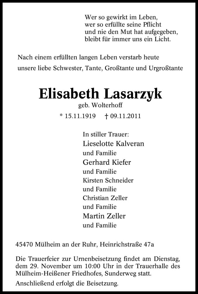  Traueranzeige für Elisabeth Lasarzyk vom 19.11.2011 aus Tageszeitung