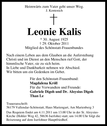 Traueranzeige von Leonie Kalis von Tageszeitung