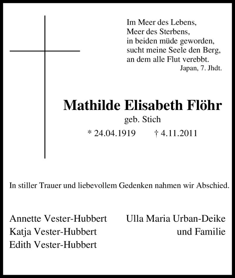  Traueranzeige für Mathilde Elisabeth Flöhr vom 12.11.2011 aus Tageszeitung