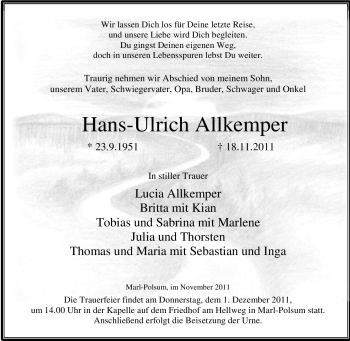 Traueranzeige von Hans-Ulrich Allkemper von Tageszeitung