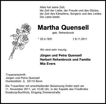 Traueranzeige von Martha Quensell von Tageszeitung