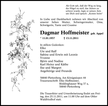 Traueranzeige von Dagmar Hoffmeister von Tageszeitung