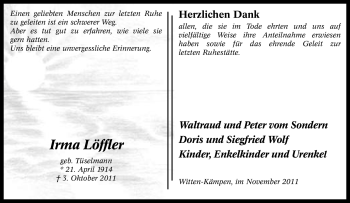 Traueranzeige von Irma Löffler von Tageszeitung